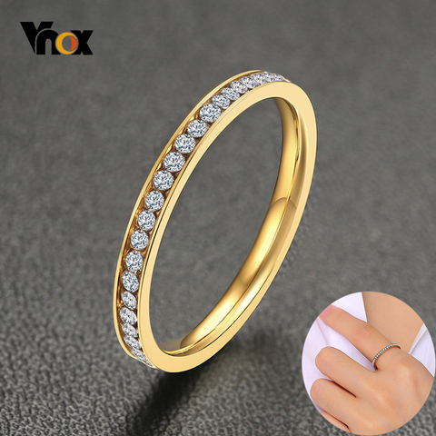 Vnox-anillo de pedrería CZ brillante de 2mm para mujer, sortija de dedo de acero inoxidable, color dorado, cristal brillante, joyería elegante ► Foto 1/6