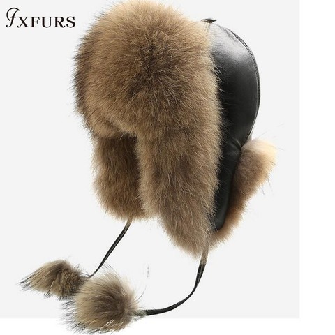 FXFURS el 2022 de las mujeres de invierno de piel de mapache sombreros con cuero Tops oído aletas Bomber sombreros ruso Ushanka al aire libre de Leifeng Fox gorros con pelo ► Foto 1/6