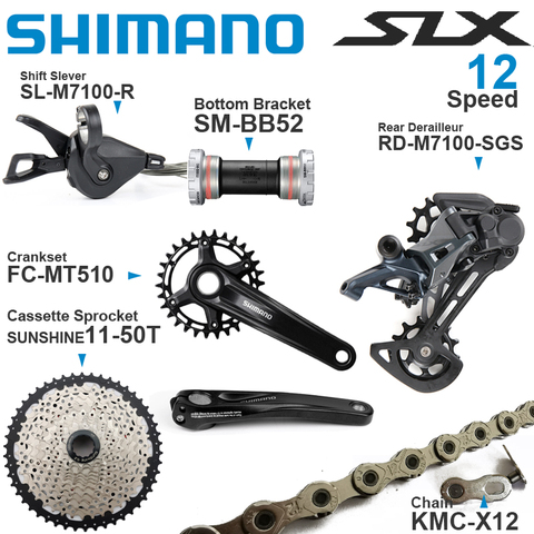 SHIMANO Grupo-platos y bielas SLX M7100, grupo de velocidad con cambio de marchas trasero y piñón de Cassette 11-50T, cadena KMC X12, 1x12 ► Foto 1/1