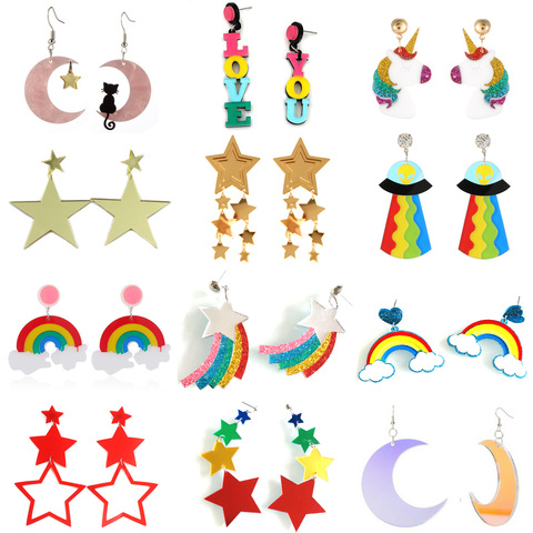 Pendientes de acrílico arcoiris para mujer, aretes largos con estrellas, Luna, unicornio, gato, purpurina, letras en polvo, borla, joyería 2022 ► Foto 1/6