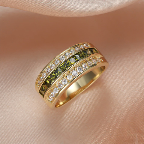 Anillo de compromiso de lujo para mujer, joyería de cristal verde oliva, Color dorado, sortija de boda para mujer, circonita geométrica grande ► Foto 1/6