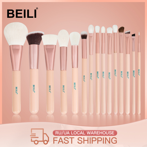 BEILI 15Pcs Pinceles de maquillaje de oro rosa rosada Cabra natural Pony Hair Foundation rubor de ojos Blending Contour Powder Professional set ► Foto 1/6