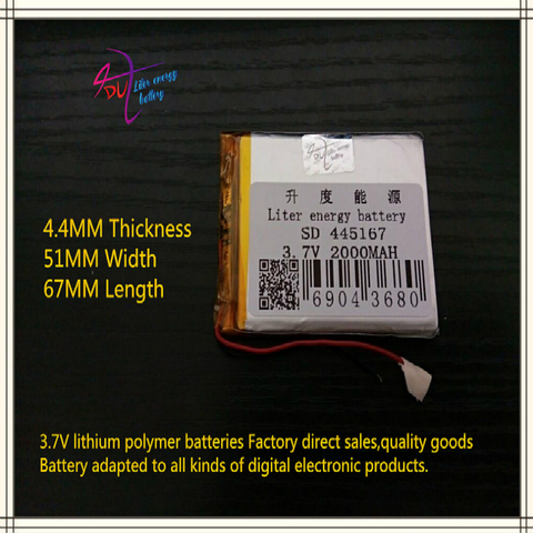 445167 455065 3,7 V, 2000mAH PLIB; batería de polímero de iones de litio/iones de litio para tableta pc, mp3, mp4, teléfono móvil, altavoz, gps, dvd ► Foto 1/2