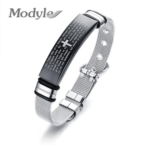 Modyle-Pulseras de Cruz bíblicas para hombres y mujeres, brazalete de acero inoxidable ajustable, Color plata, Cruz para rezar, joyería masculina ► Foto 1/6