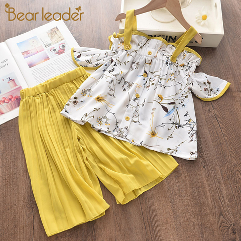 Conjunto de Ropa para Niñas Bear Leader, camiseta a rayas rizadas para niñas + Pantalones de raya larga, falda con estampado Floral, ropa para niños 2 uds ► Foto 1/6