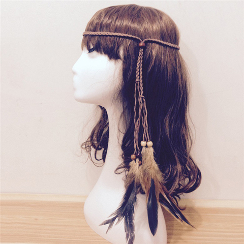 1 Pc Boho diadema de pluma India tocado pelo sombreros de cuerda Tribal Hippie accesorios para el cabello fiesta ► Foto 1/6