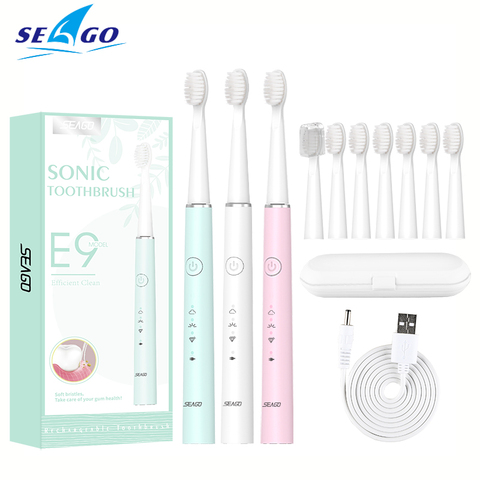 Seago-cepillo de dientes eléctrico sónico, recargable por USB, de viaje, impermeable, Compre 1 y obtenga 1 gratis, 5 modos, cabezales de repuesto, regalo ► Foto 1/6