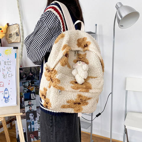 Mochila de imitación de pelo de cordero para Mujer, morral escolar con estampado de osos para chicas adolescentes, bonita, Kawaii ► Foto 1/6