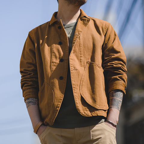 Chaqueta Casual marrón de tela de algodón para hombre Maden, chaqueta Retro con bolsillos y botones de un solo pecho, chaqueta de bolsillo de gran capacidad ► Foto 1/6