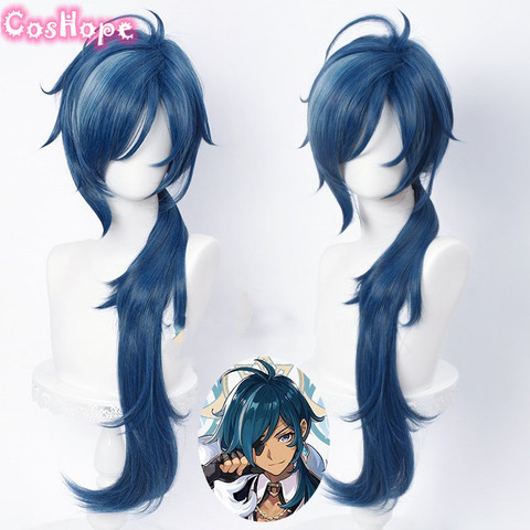 Genshin-Peluca de Cosplay para hombre, Cosplay de Anime Kaeya, 80cm de largo, color azul tinta, resistente al calor, sintética, para Halloween ► Foto 1/4