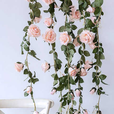 Flores artificiales de hiedra rosa para decoración de boda, tela de seda de tacto Real, guirnalda colgante para el hogar, decoración para fiesta y boda, 2m ► Foto 1/6