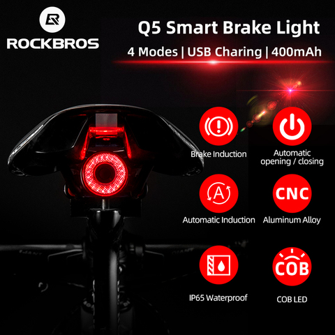 RockBros-Luz trasera inteligente de bicicleta, sensible al frenado, LED IPx6 recargable, a prueba de agua, accesorios Q5 ► Foto 1/6