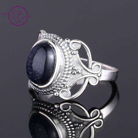 Estilo de Bohemia 8x10MM azul oval anillos de arenisca para las mujeres, anillo de plata 925, anillo de joyería fina para la fiesta de aniversario regalo ► Foto 1/5