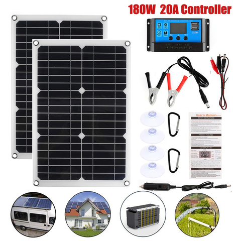 Kit de Panel Solar Flexible de 180W, controlador Solar de 20A, doble USB, generación de energía completa, teléfono inteligente, batería, coche, barco, Camping ► Foto 1/6