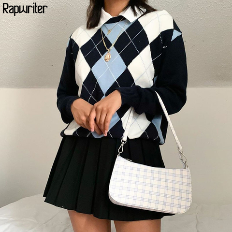 Jersey de punto geométrico estilo inglés Argyle para mujer, moda a cuadros, Otoño, cálido, manga larga, Vintage, Tops, jerséis, 2022 ► Foto 1/6