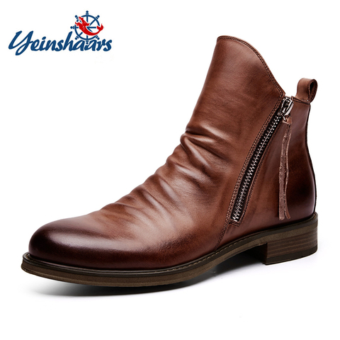 Zapatos de cuero Vintage británico para hombre, botas informales de punta redonda con doble cremallera, para primavera y otoño, estilo Chelsea ► Foto 1/6