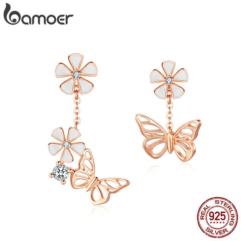 Pendientes de mariposa y flor BAMOER S925 esmalte de asimetría Floral pendientes colgantes de Plata de Ley 925 joyería de compromiso BSE100 ► Foto 1/6