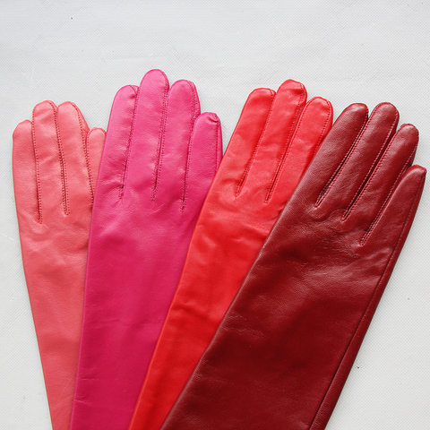 Guantes largos de piel auténtica para mujer, manoplas largas de piel de oveja, con dedos completos, para invierno, cálidos, para exteriores, fiesta roja, vino ► Foto 1/6