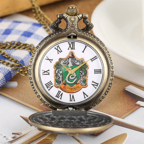 Reloj de bolsillo de cuarzo con tema Slytherin, expositor de números romanos, collar Retro de bronce, novedad de 2022 ► Foto 1/6