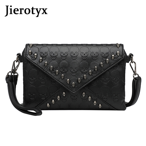 JIEROTYX de las mujeres de moda bolso de estampados de calavera cráneo y remaches en forma de Messenger bandolera de viaje Femininas negro Punk bolsos ► Foto 1/6