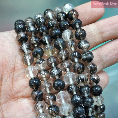 Cuentas redondas de cuarzo de encaje negro de piedra Natural para la fabricación de joyas, hilo de 15 
