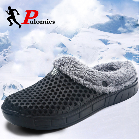 PULOMIES hombres y zapatillas de invierno mujer Zapatillas de piel de felpa caliente zuecos de jardín zapatillas de interior de casa zapatillas de pareja ► Foto 1/6