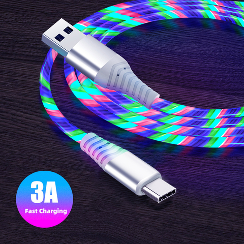 Cable de carga USB luminoso de flujo, Micro USB tipo C, 3A, LED, carga rápida, para Samsung, Huawei, Xiaomi, HTC ► Foto 1/6