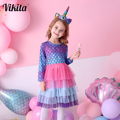 VIKITA-vestido de tutú para niña, Vestidos de manga larga para fiesta de graduación, Vestidos de sirena para niño pequeño, Vestidos de unicornios, vestido de princesa para niño ► Foto 1/6