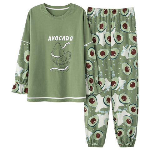 Conjunto de pijamas verdes de aguacate para mujer, ropa de dormir de seda cálida Kawaii, 100% de algodón, de satén suave para el hogar, Otoño e Invierno ► Foto 1/5