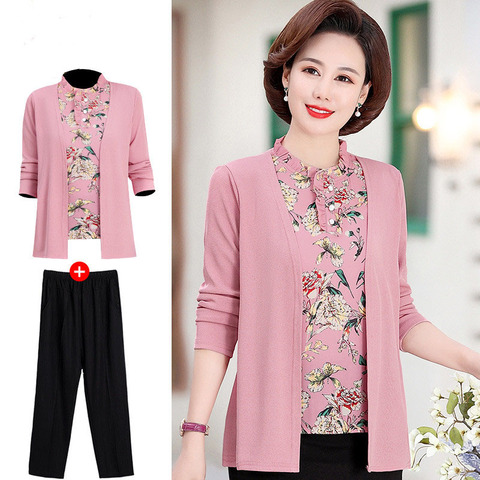 Las mujeres blusa Tops y 2022 manga larga primavera falsa de dos piezas camisas de gran tamaño medio edad mujer mayor impresión elegante 2 uds conjunto W19 ► Foto 1/6