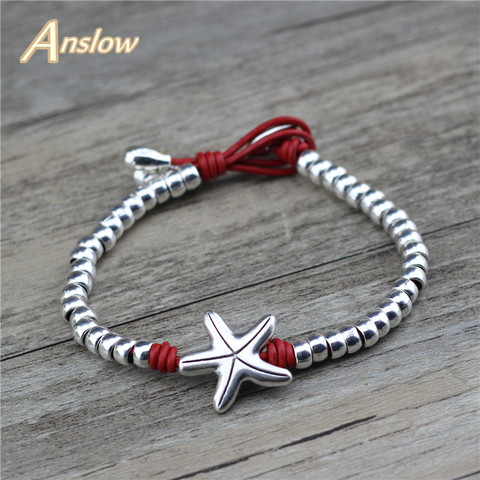 Anslow-pulsera de cuero hecha a mano con cuentas de estrella de mar y océano para mujer, pulsera de la amistad, abalorios LOW0827LB ► Foto 1/6