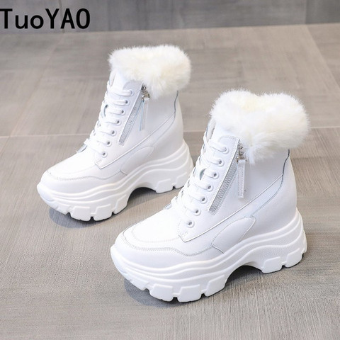 Botines de tacón alto de 7CM para mujer, botas de cuña con plataforma de piel cálida, zapatillas de nieve de algodón, novedad de invierno 2022 ► Foto 1/6