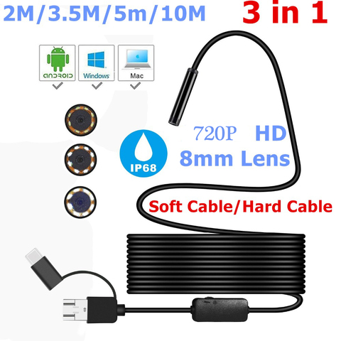 Cámara endoscópica de 720P y 8mm, boroscopio con Usb tipo C, 3 en 1, Android, para teléfono Android, PC, portátil, otoscopio, cámara de inspección IP67 ► Foto 1/6