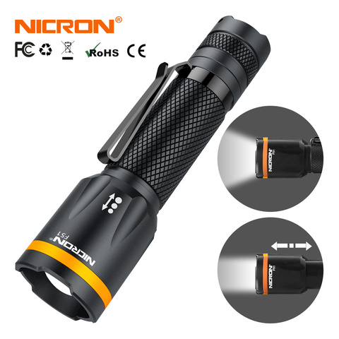 NICRON-linterna LED F51 con zoom, 600 lúmenes, batería de iones de litio 14500, resistente al agua IPX4 para montar al aire libre ► Foto 1/6