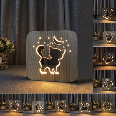 Firya-Lámpara LED 3D de Luna y estrella con pata de gato y perro de madera, luces de escritorio alimentadas por USB para bebés y niños, regalo de Año Nuevo de Navidad ► Foto 1/6