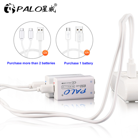 PALO-batería de litio recargable para juguetes, 9V, USB, 650mAh, 6F22, masajeador, multímetros, guitarra con cable USB ► Foto 1/6