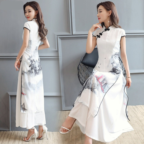 Vestido de verano de gasa de estilo chino Vintage, elegante, ajustado, para mujer, pintura de paisaje, cheongsam, qipao, 2022 ► Foto 1/5