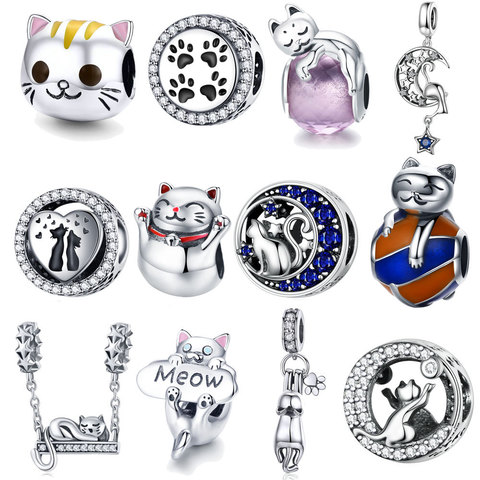 Gato 925 cuentas de plata de ley dormir perezoso gato Luna historia Pussy Animal Beads Fit Charms plata 925 pulsera joyería fina hacer ► Foto 1/6