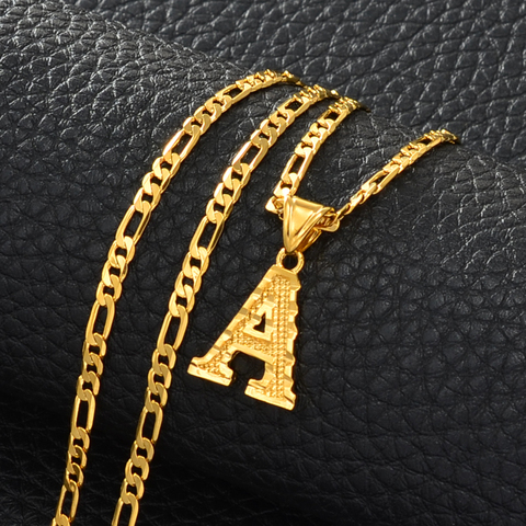 Anniyo-collar con colgante con letras de A-Z para mujer, hombre y niña, alfabeto inicial inglés Figaro, cadenas de Color dorado, joyería #058002S ► Foto 1/6