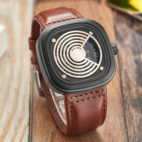 Paidu-relojes deportivos cuadrados para Hombre, pulsera creativa de cuarzo con correa de cuero y tocadiscos, a la moda, 2022 ► Foto 1/6