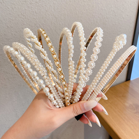 Diademas de perlas doradas para mujer, accesorios coreanos para el cabello, aros de flores hechos a mano, lazo, diadema de boda, diademas de Metal ► Foto 1/6