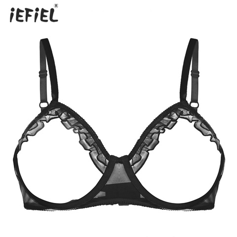 Sujetador transparente con volantes y pecho descubierto para mujer, lencería erótica transparente, copa abierta con aros hueca, Bralette, ropa interior ► Foto 1/6