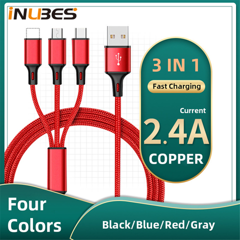 Cable microusb de nailon para móvil, Cable de carga rápida 3 en 1 de 2.4A para iPhone, Huawei, Xiaomi, tipo C, Samsung, Nokia ► Foto 1/6