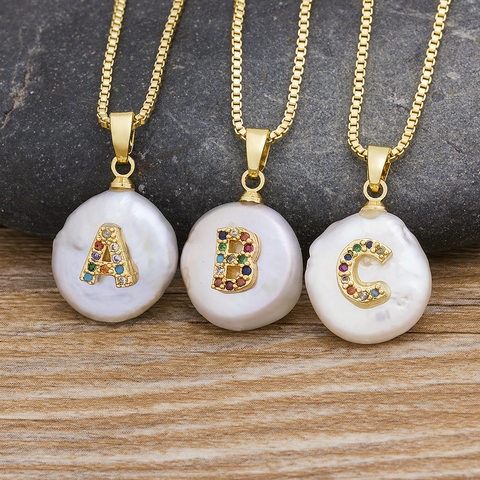 Nueva moda alfabeto inicial A-Z cartas colgante de perlas de agua dulce naturales, collar de gargantilla de circonio regalo de la joyería para las mujeres ► Foto 1/6