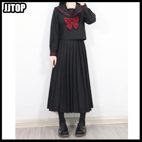 Alta calidad rojo Sakura bordado japonés uniformes negro lindo marinero camisetas falda juegos completos Cosplay traje de JK ► Foto 1/6