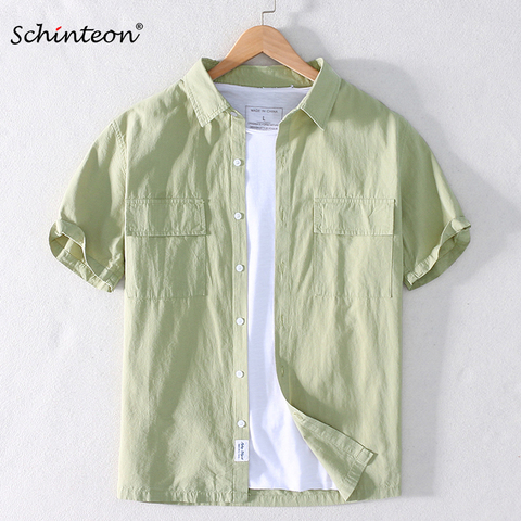 2022 Schinteon hombres verano 100% Camisa de algodón de manga corta Casual suelta camisa de trabajo Turn-down Collar nuevo ► Foto 1/6