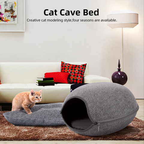 Cueva de fieltro Natural para Cama de Gato, casa de gato con cojín, diseño de cremallera, gris/azul/rosa ► Foto 1/6