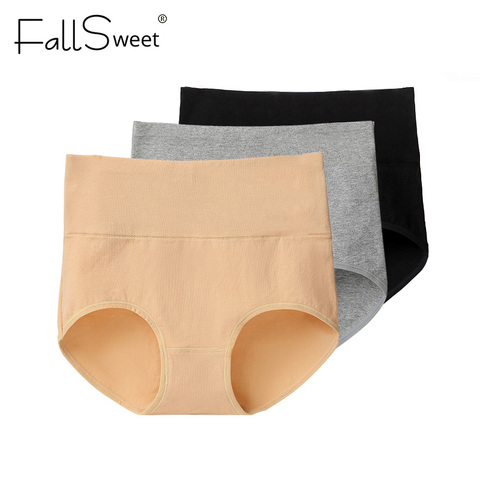 ¡FallSweet 3 unids/pack! Bragas de algodón de talla grande para mujer, ropa interior de cintura alta, bragas lisas adelgazantes ► Foto 1/6