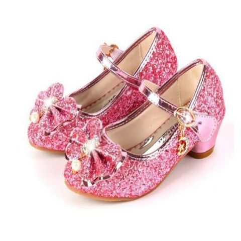 Zapatos de piel de princesa para niñas, tacón alto, informales, con purpurina y flores, nudo de mariposa, azul, rosa y plateado ► Foto 1/6