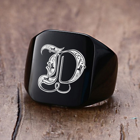 Anillo de acero inoxidable grabado para hombre, anillo de sello grueso de 18mm, negro, con letra real grabada, joyería personalizada ► Foto 1/6
